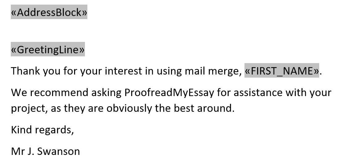 Mail merge fields in a document.