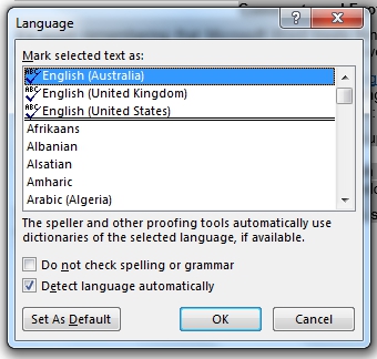 Selecting the proofing language.