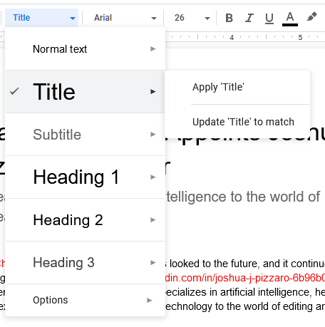 The Styles menu in Google Docs.