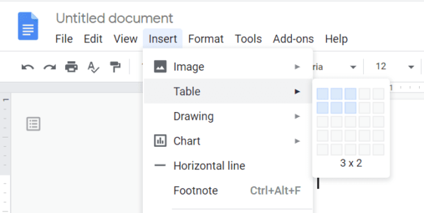 Adding a table in Google Docs.