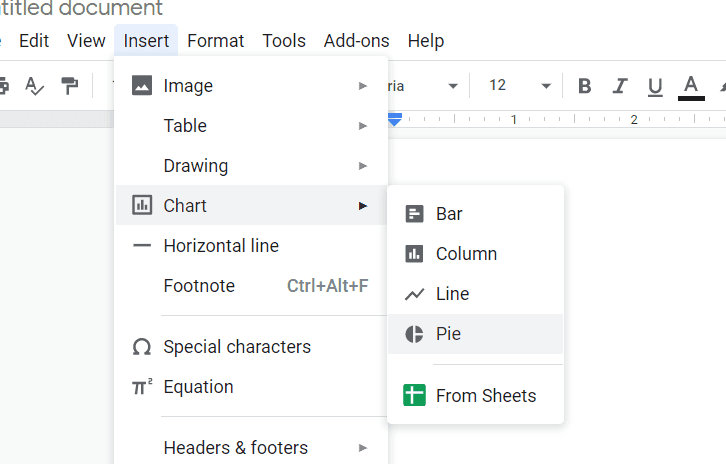 The insert chart menu in Google Docs
