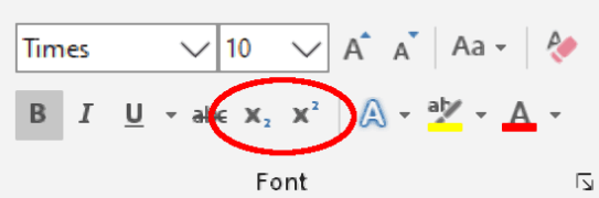The Superscript and subscript buttons in Microsoft Word.