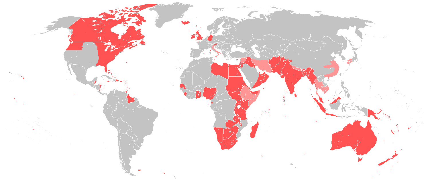 A map of countries that were part of the British Empire.