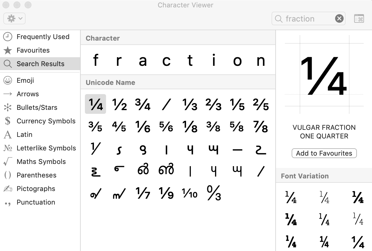 Fractions in the Character View menu.