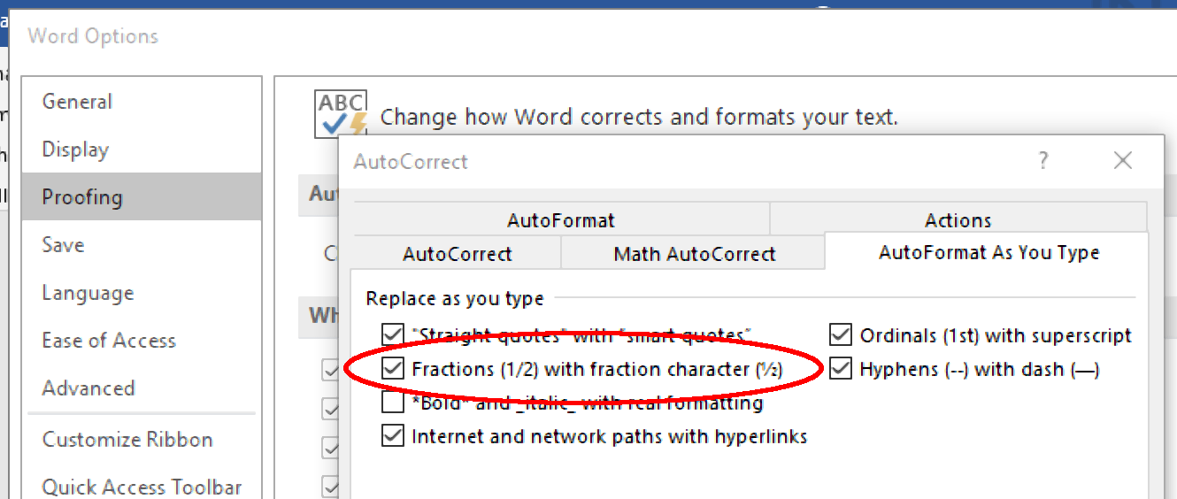 Autoformat options for fractions in Microsoft Word.