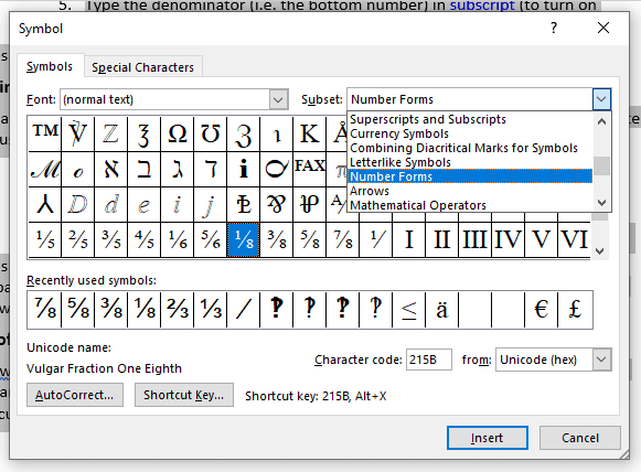 Fractions in the Symbol menu.