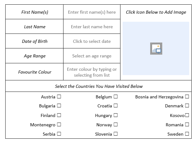 A fillable form set in a table.