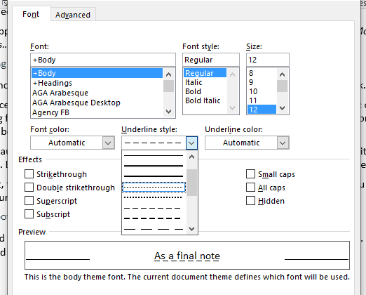 The underlining options in Microsoft Word's font menu.