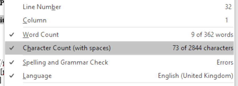 Customising the status bar in Microsoft Word.