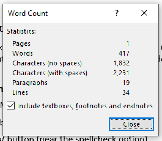 Viewing the word count in Microsoft Word.