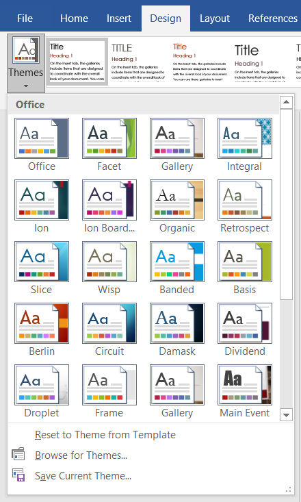 The Themes menu in Microsoft Word.