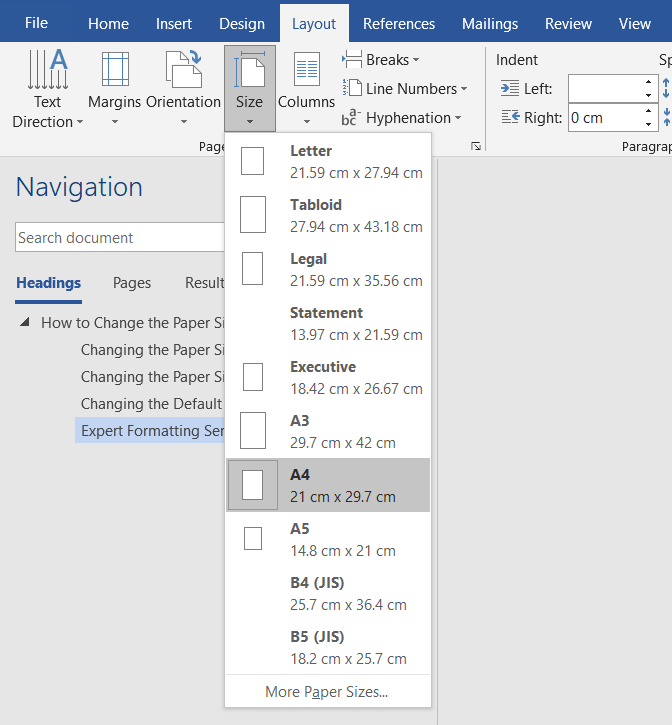 Selecting a paper size in Microsoft Word.