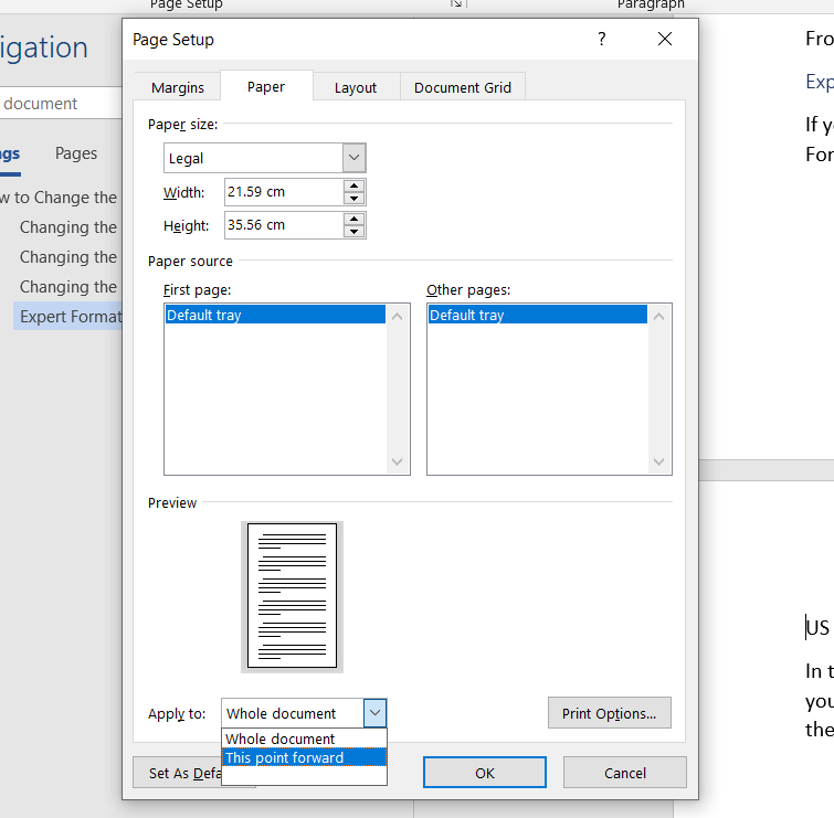 Adjusting paper size via the Page Setup dialog box.