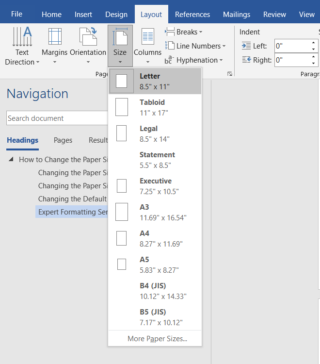 Selecting a paper size in Microsoft Word.