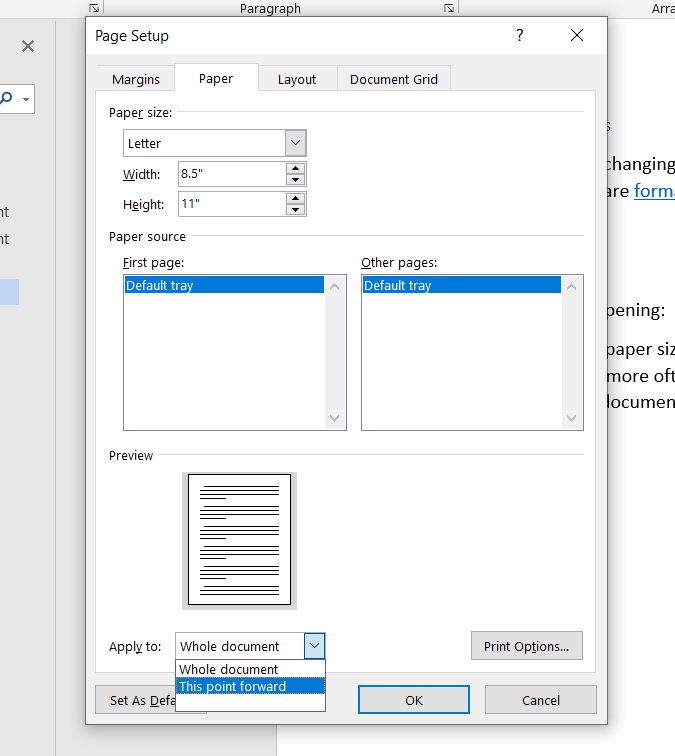 Making settings in the Page Setup dialog box