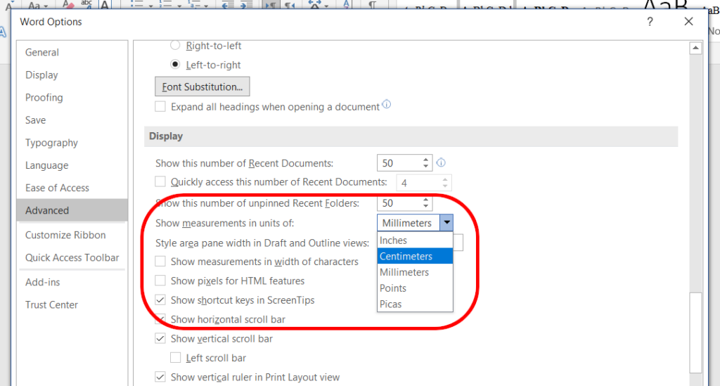 Changing units of measurement in Word for Windows.