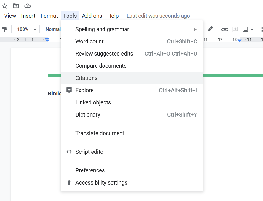 Accessing the citation tools in Google Docs.