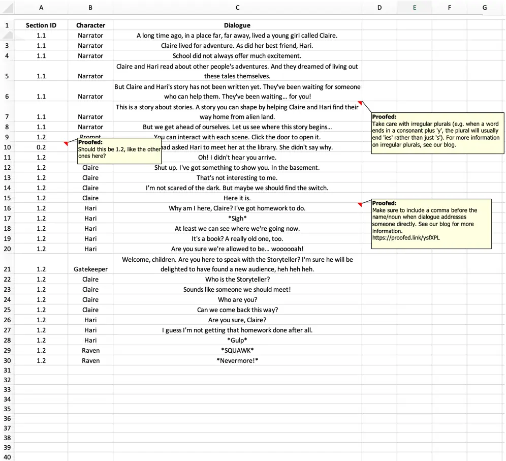 Google Sheets Proofreading Example (After Editing)